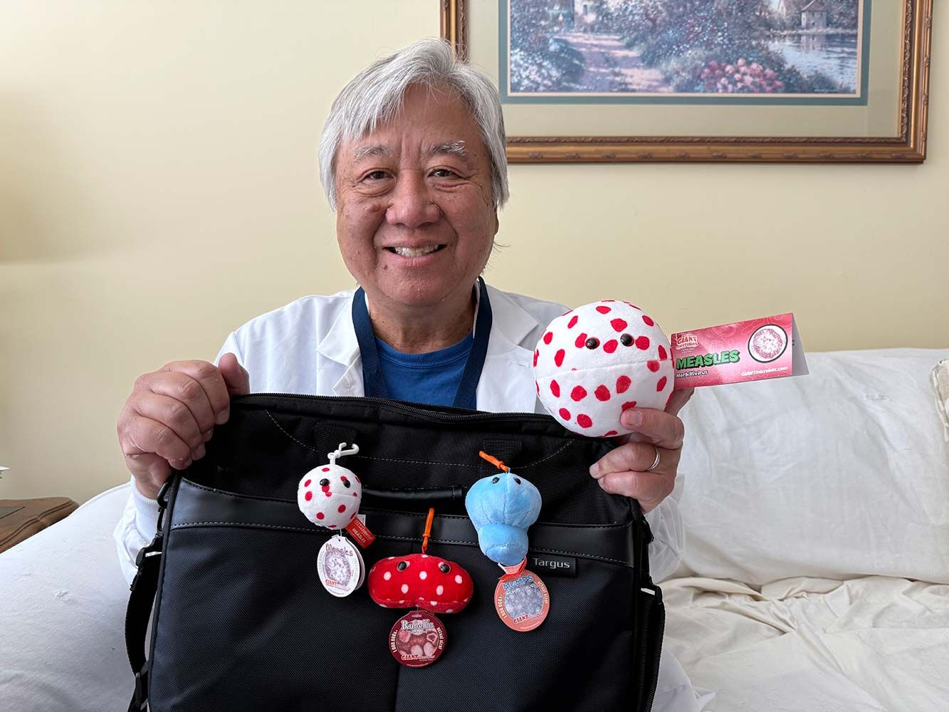 Measles and MMR plushies on bag