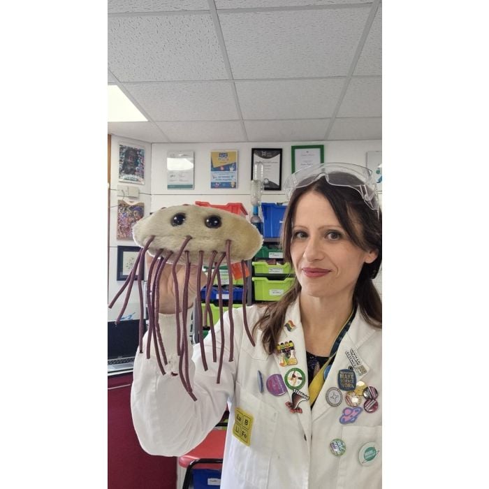 E. coli plush in lab