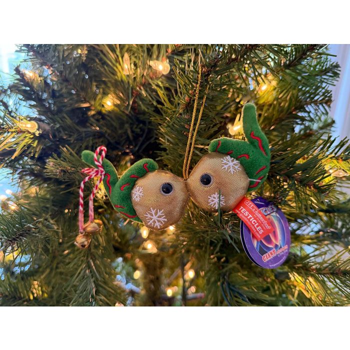 Testicles ornament on real tree
