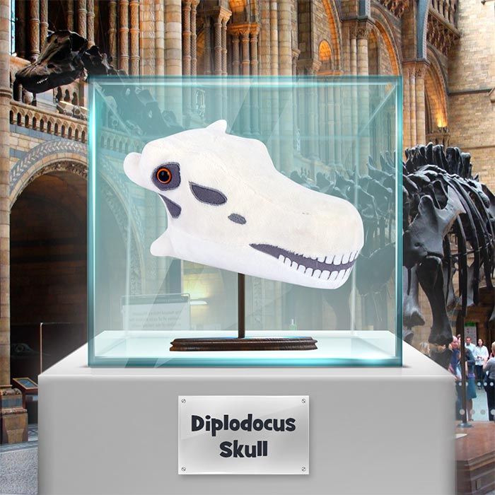 Diplodocus plush museum glass