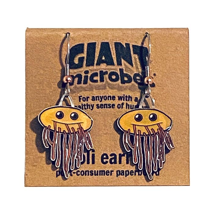 E. coli earrings cardboard back